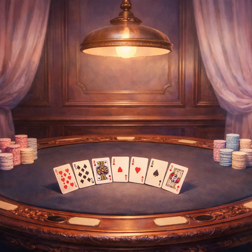 Waaier van speelkaarten zwevend boven een pastelkleurige casinotafel